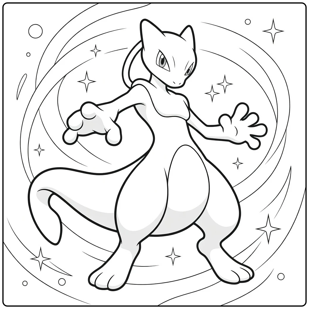 Mewtwo Kleurplaat van een bipedale figuur in krachtige staande pose met uitgestrekte arm en golvende energie