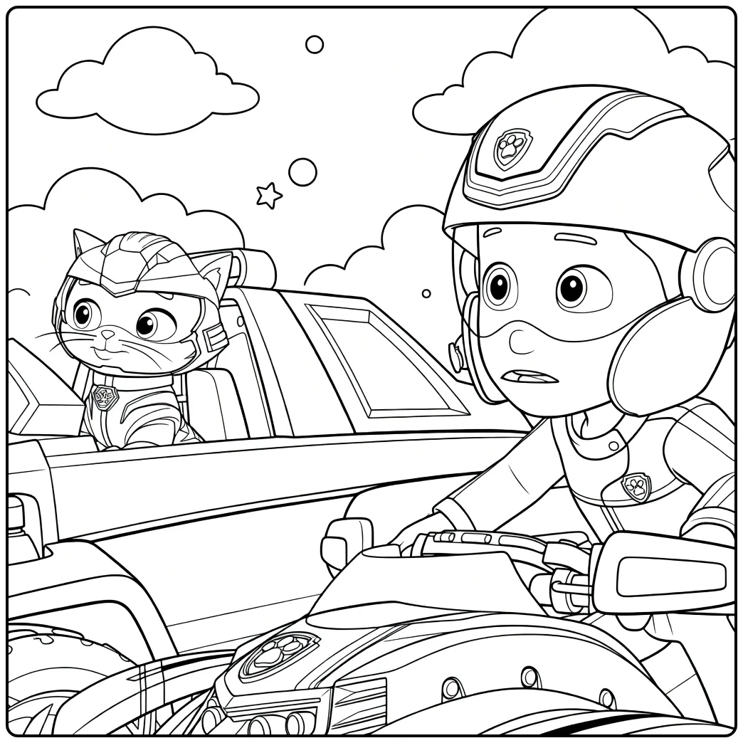 Jongen met helm aan de bediening en kat in het voertuig op leo paw patrol kleurplaat