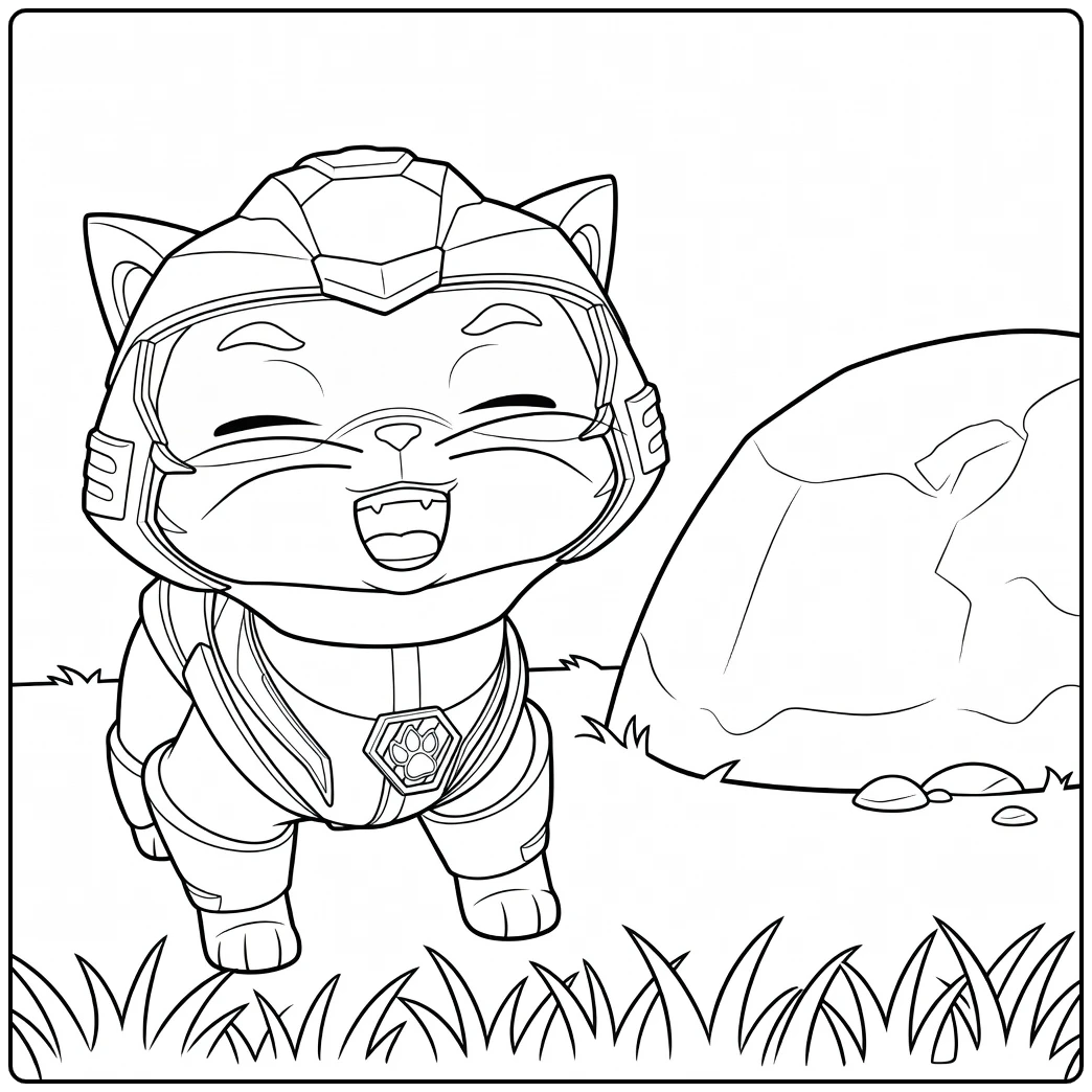Kleurplaat van een antropomorfe kat met gele helm en pak die op gras staat naast een grote witte rots leo paw patrol kleurplaat