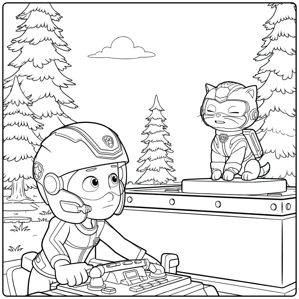Jongen met helm leunt voorover bij de bediening terwijl de kat zit in de leo paw patrol kleurplaat