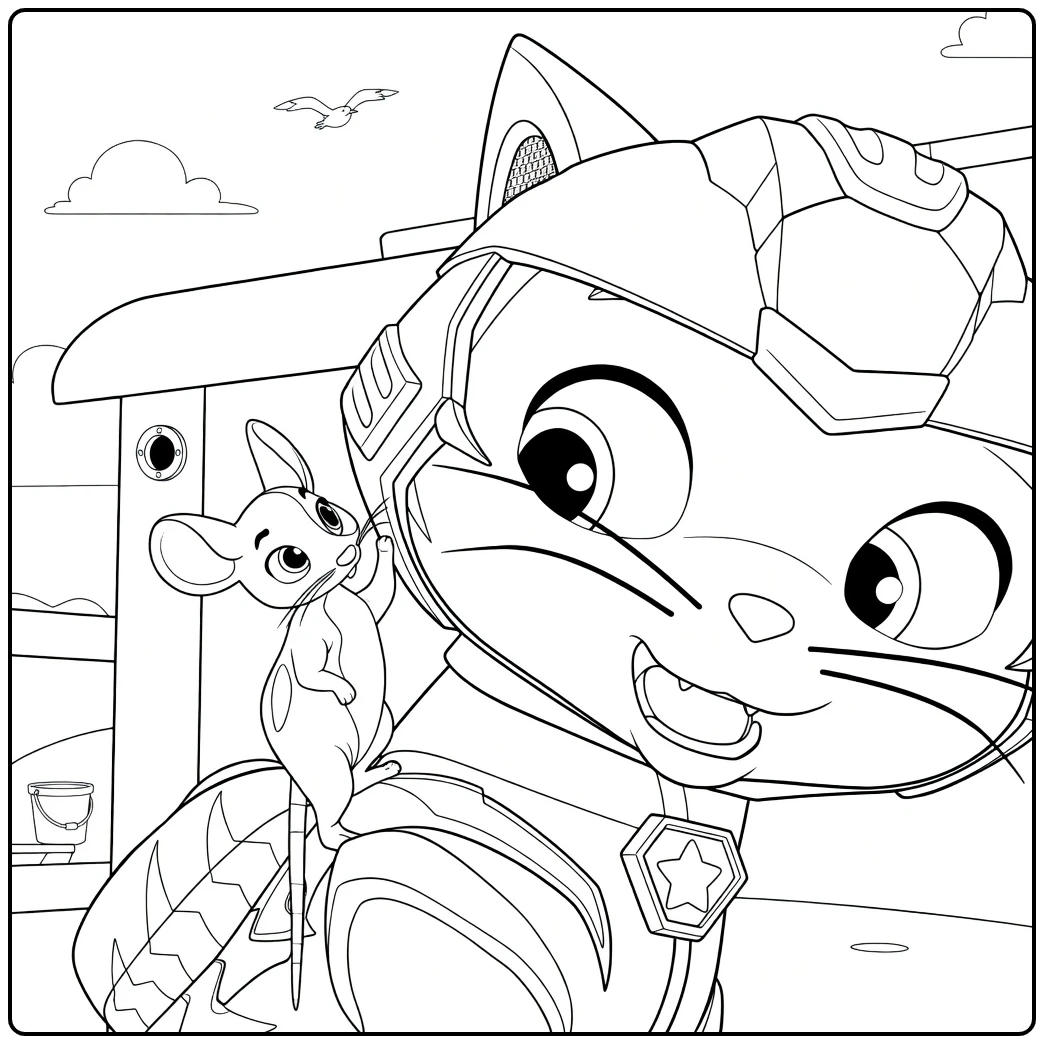 Kleurplaat van een kat met helm en een muis die omhoog reikt leo paw patrol kleurplaat