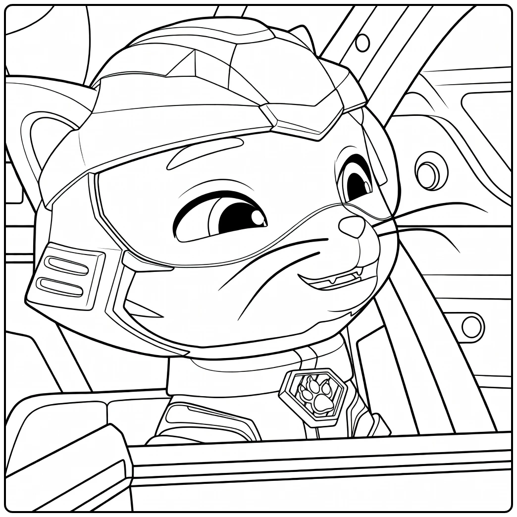 Lijntekening van een antropomorfe kat met gele helm en blauwe vizier in cockpit leo paw patrol kleurplaat