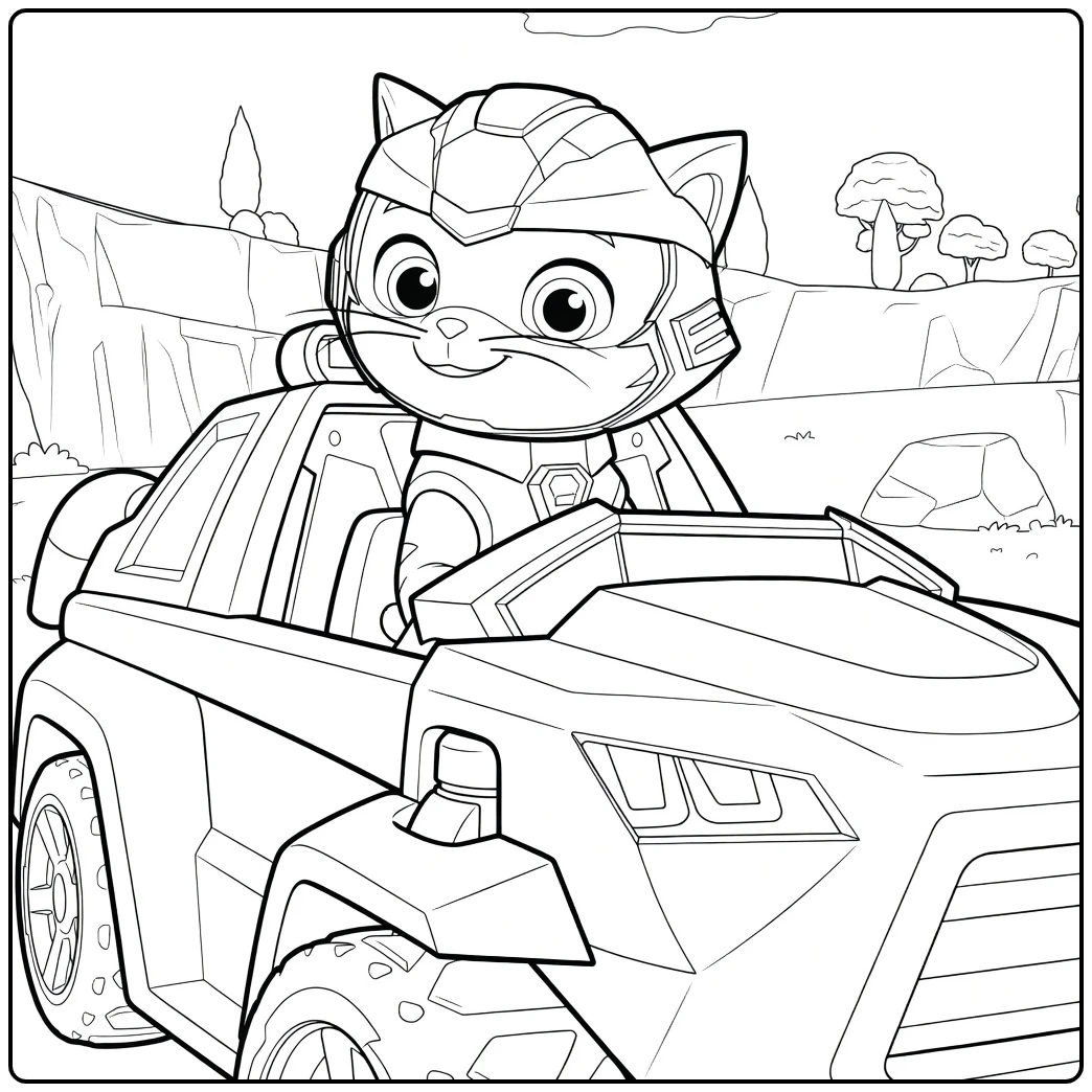Kleurplaat van een katachtige piloot met helm zittend in voertuig leo paw patrol kleurplaat