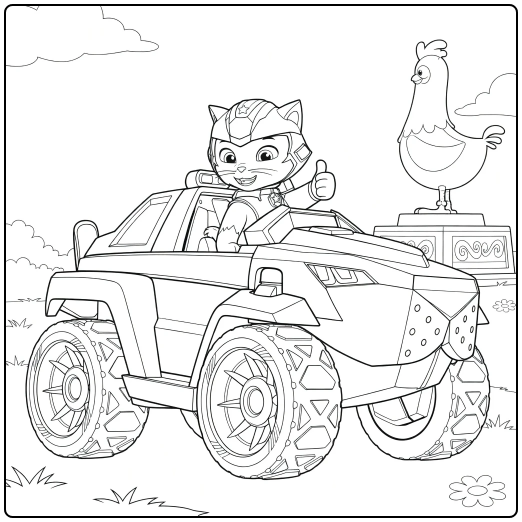 Anthropomorfe kat Leo in voertuig met duim omhoog op de leo paw patrol kleurplaat