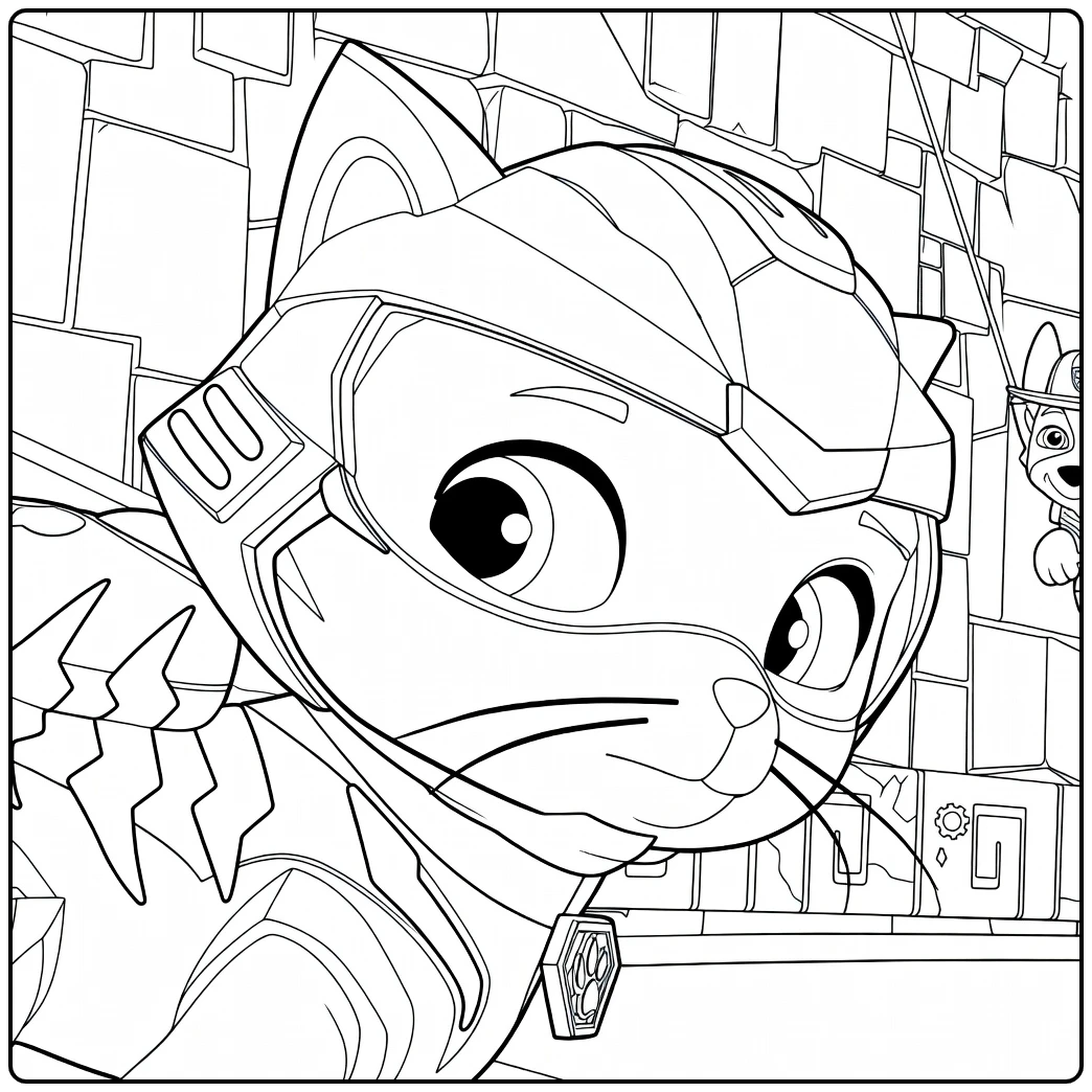 Katachtige held met gestreepte helm, blauwe vizier en gepantserde uitrusting in de leo paw patrol kleurplaat