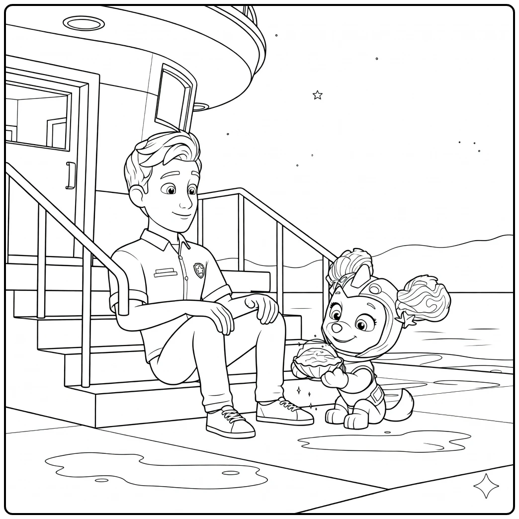 Jonge man zittend op trappen kijkt naar hond met kom coral paw patrol kleurplaat