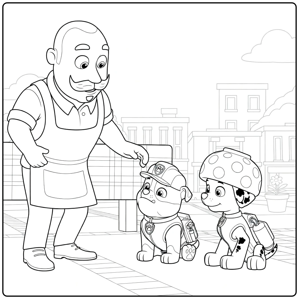 Paw Patrol Season 1 Kleurplaat van een kale man met snor die naar twee honden in hoeden wijst
