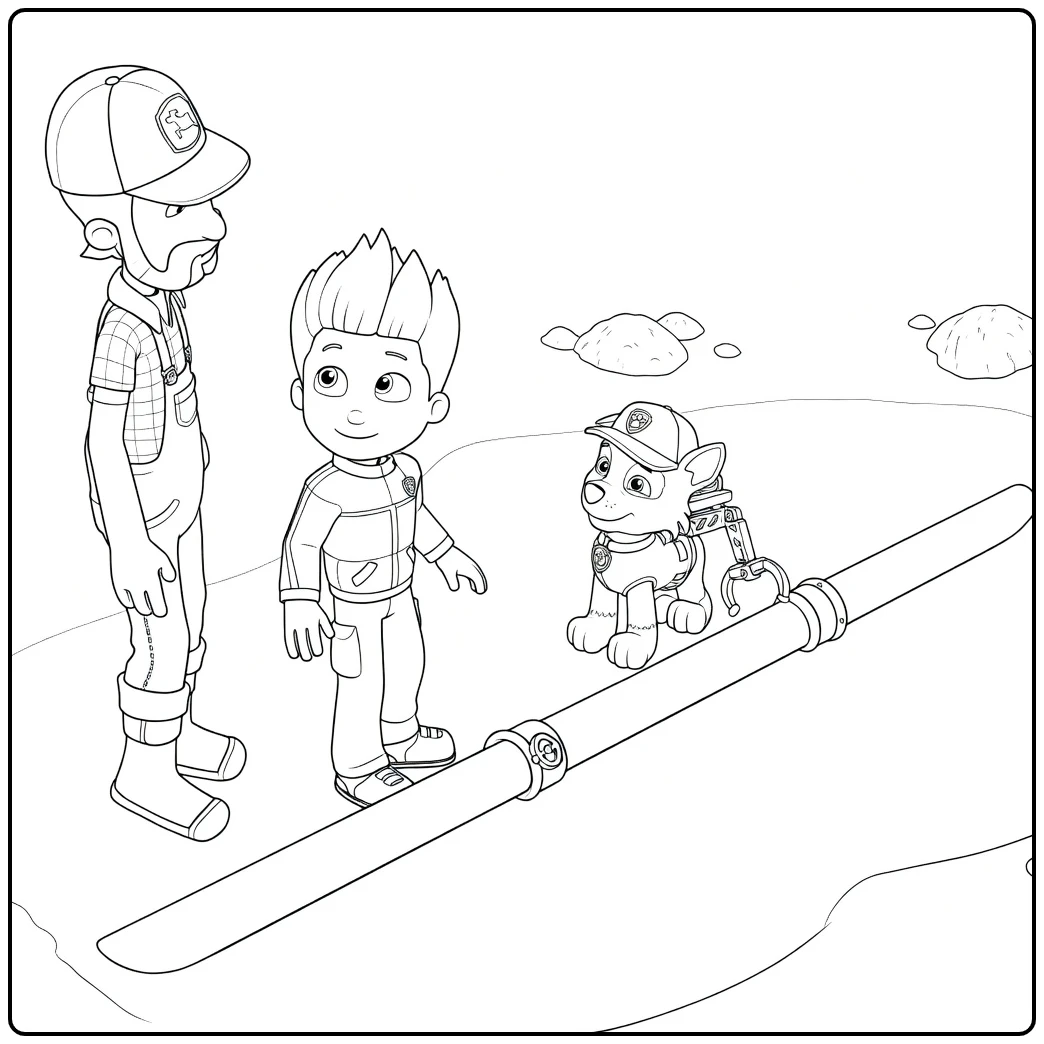 Paw Patrol Seizoen 3 kleurplaat met een man in overall, een jongen en een hond met mechanische arm bij een pijp