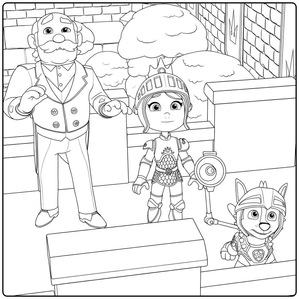 Oude man met snor, meisje met megafoon en hond bij stenen muur in Paw Patrol Seizoen 8 Kleurplaat