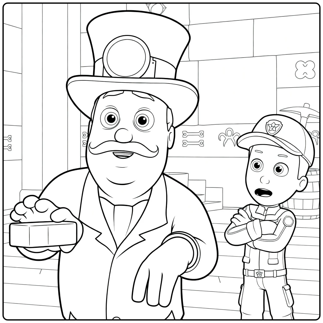 Stout man met snor en hoge hoed houdt goudstaaf vast naast kleiner personage met pet Paw Patrol Seizoen 5 Kleurplaat