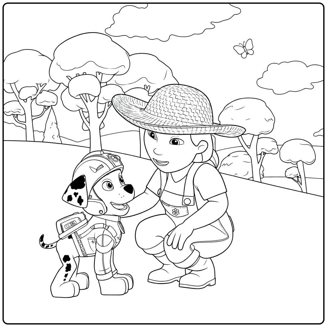 Paw Patrol Seizoen 3 kleurplaat van een meisje met strohoed dat een dalmatiër pup in helm aanraakt
