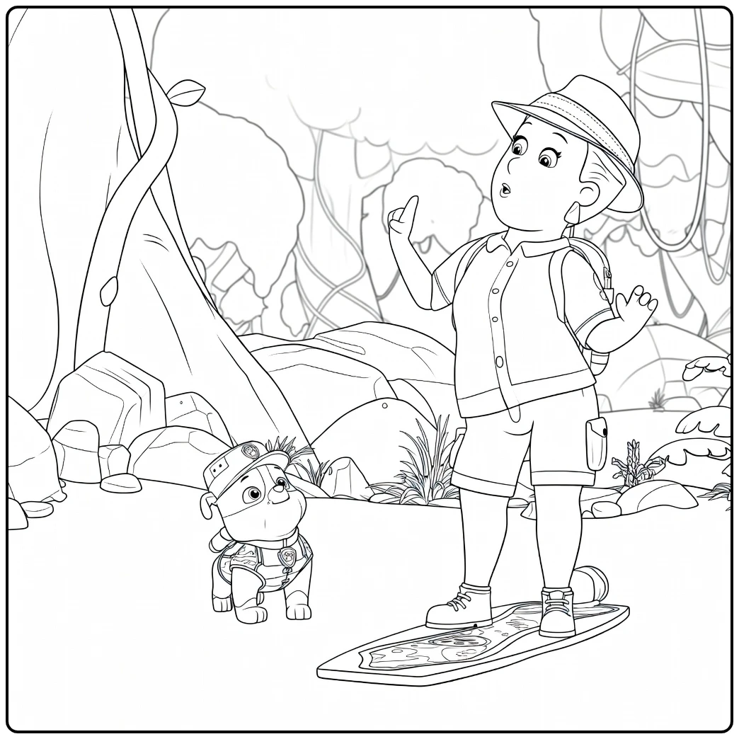 Paw Patrol Seizoen 5 Kleurplaat met een meisje dat wijst en een hond ernaast
