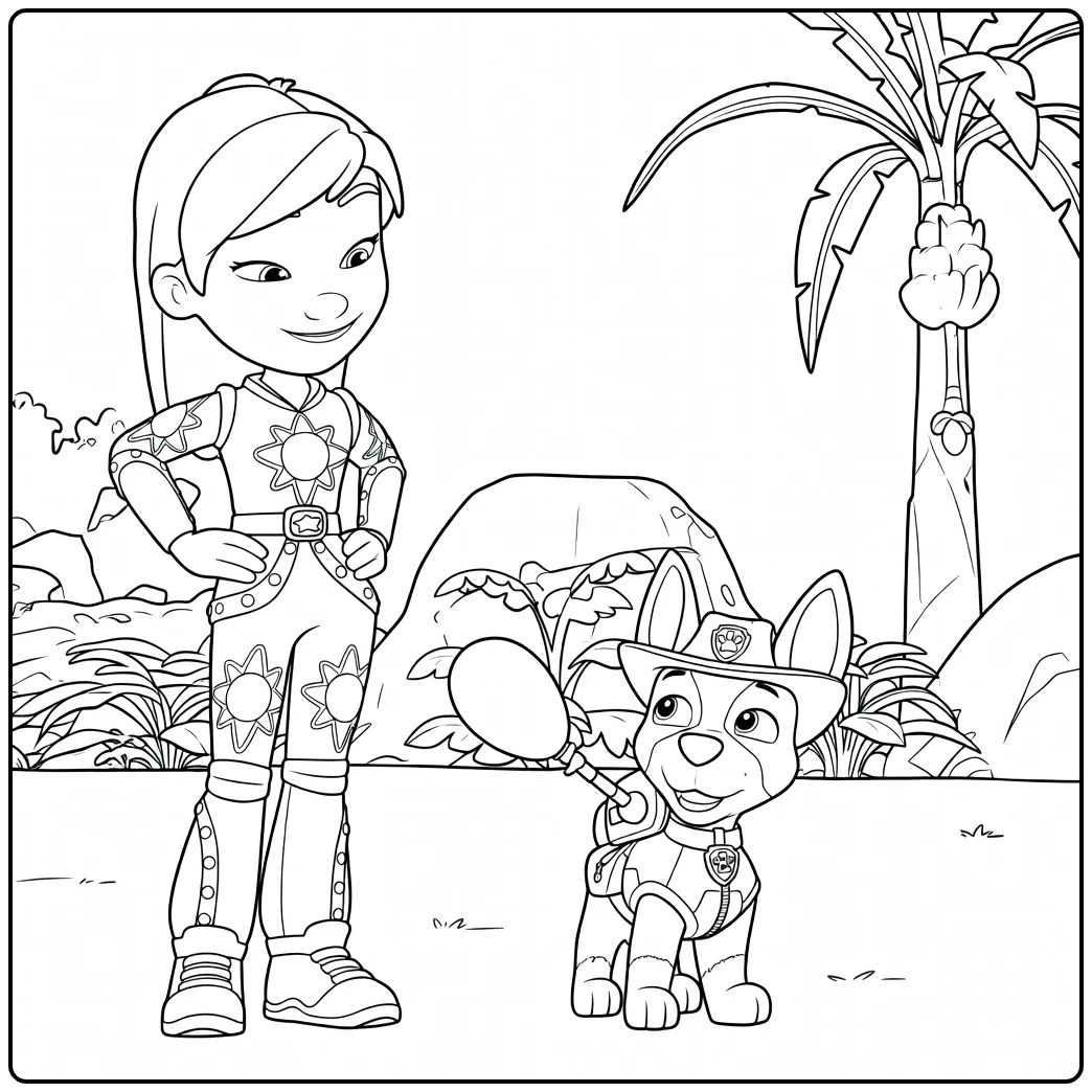 Paw Patrol Seizoen 13 Kleurplaat met een meisje met lange haren en een hond die een bol vasthoudt