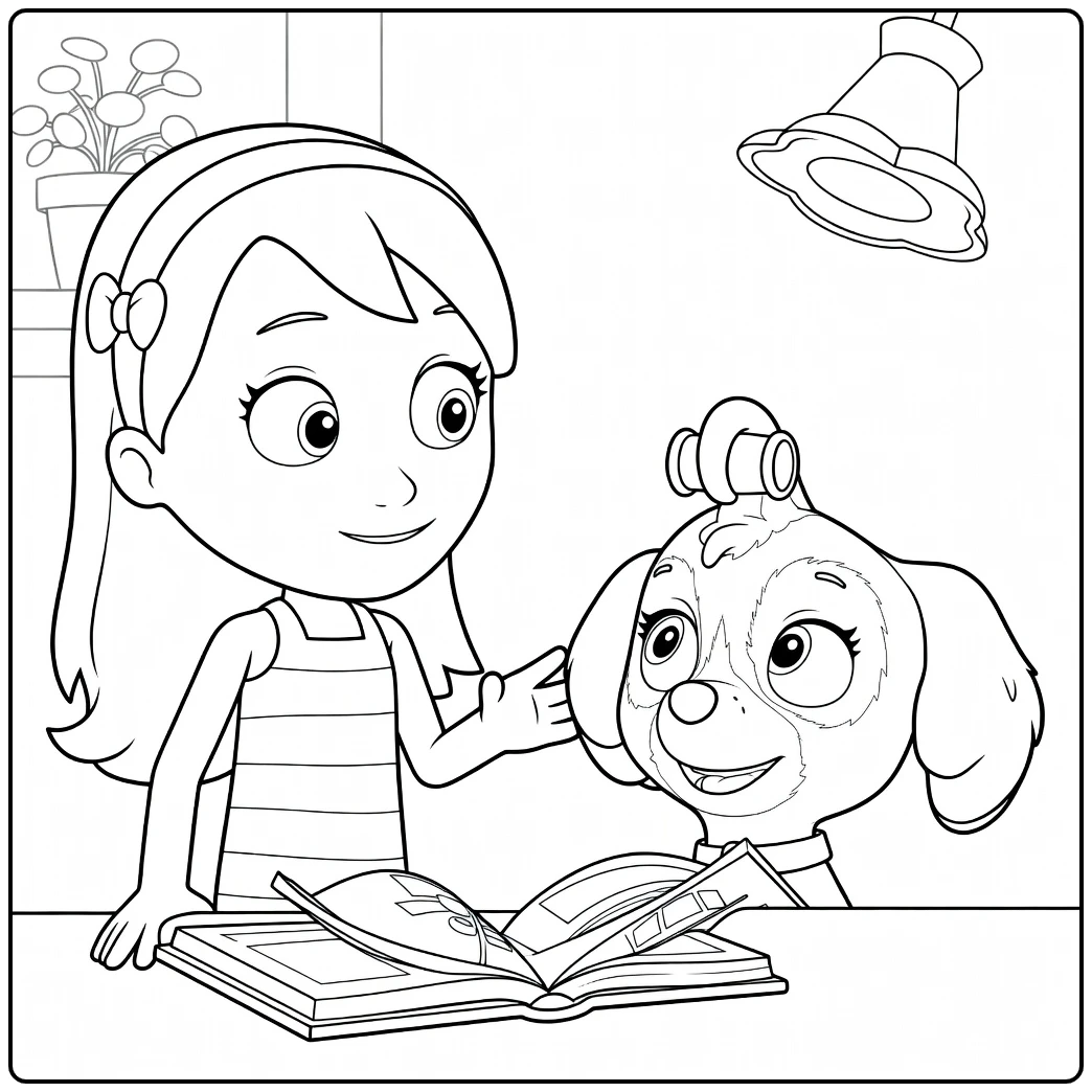 Paw Patrol Season 1 Kleurplaat van een blond meisje dat haar hand uitsteekt naar een bruine puppy.