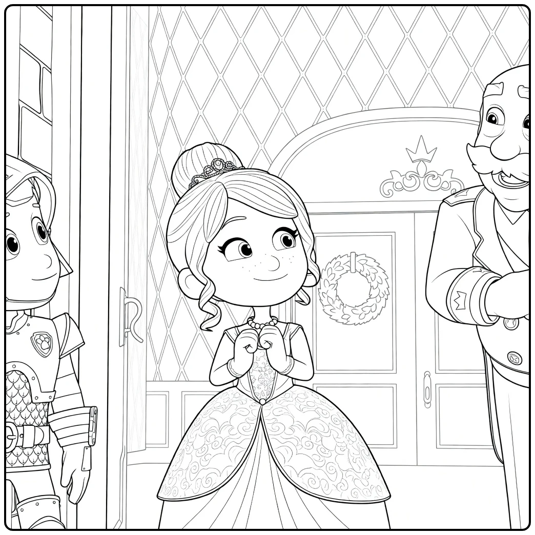 Meisje in baljurk met tiara naast kind in harnas en man in uniform Paw Patrol Seizoen 8 Kleurplaat