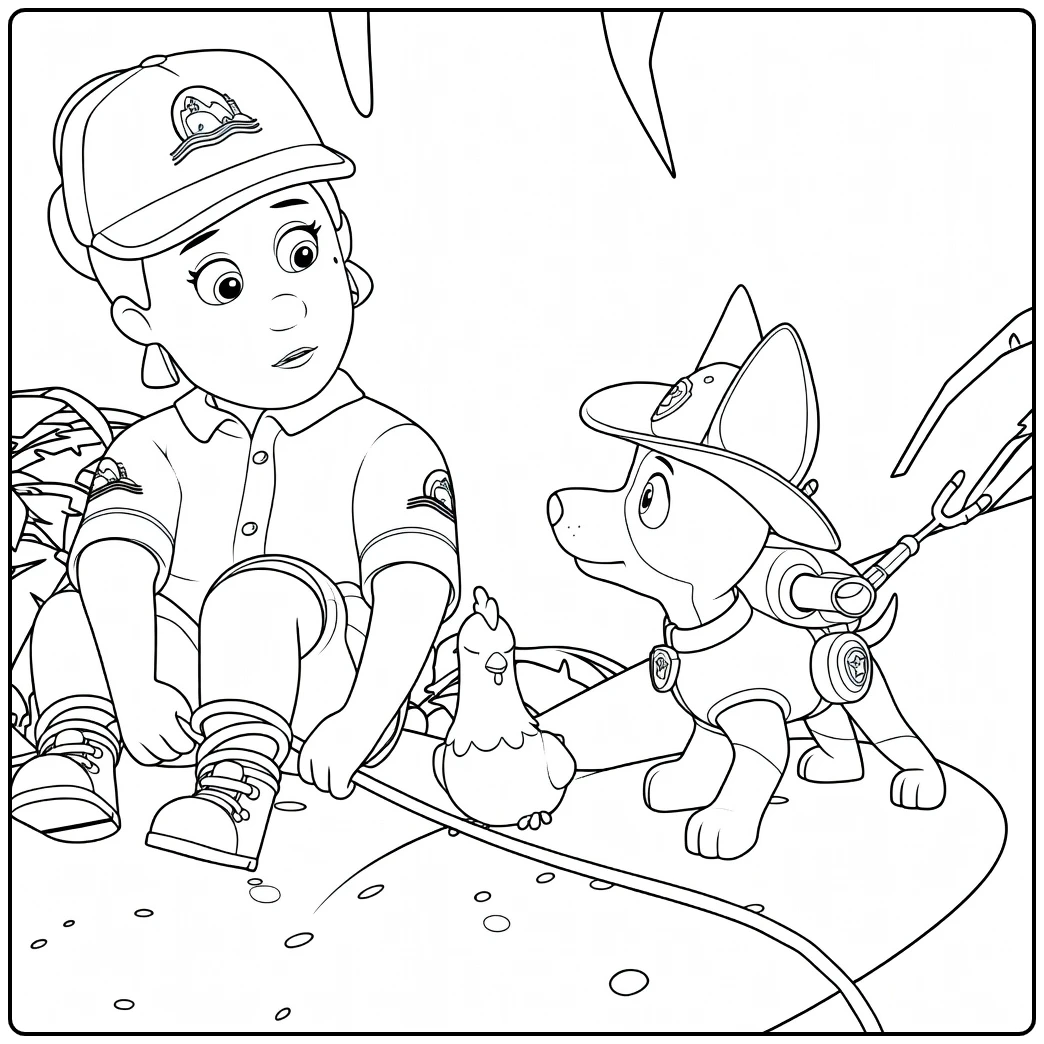 Paw Patrol Seizoen 3 Kleurplaat met een meisje zittend op een groot blad, een hond in uniform en een kip