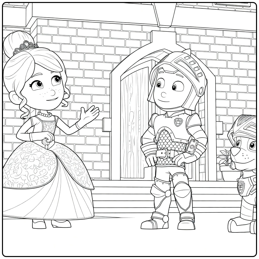 Paw Patrol Seizoen 8 Kleurplaat met een meisje in baljurk, een jongen in harnas en een hond bij een bakstenen ingang
