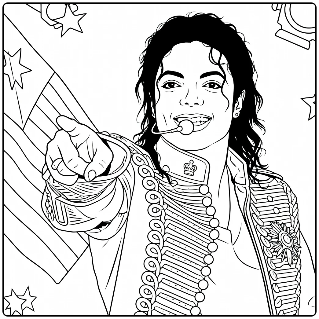 Michael Jackson wijst met uitgestrekte arm terwijl hij lacht en een headset draagt op een michael jackson kleurplaat