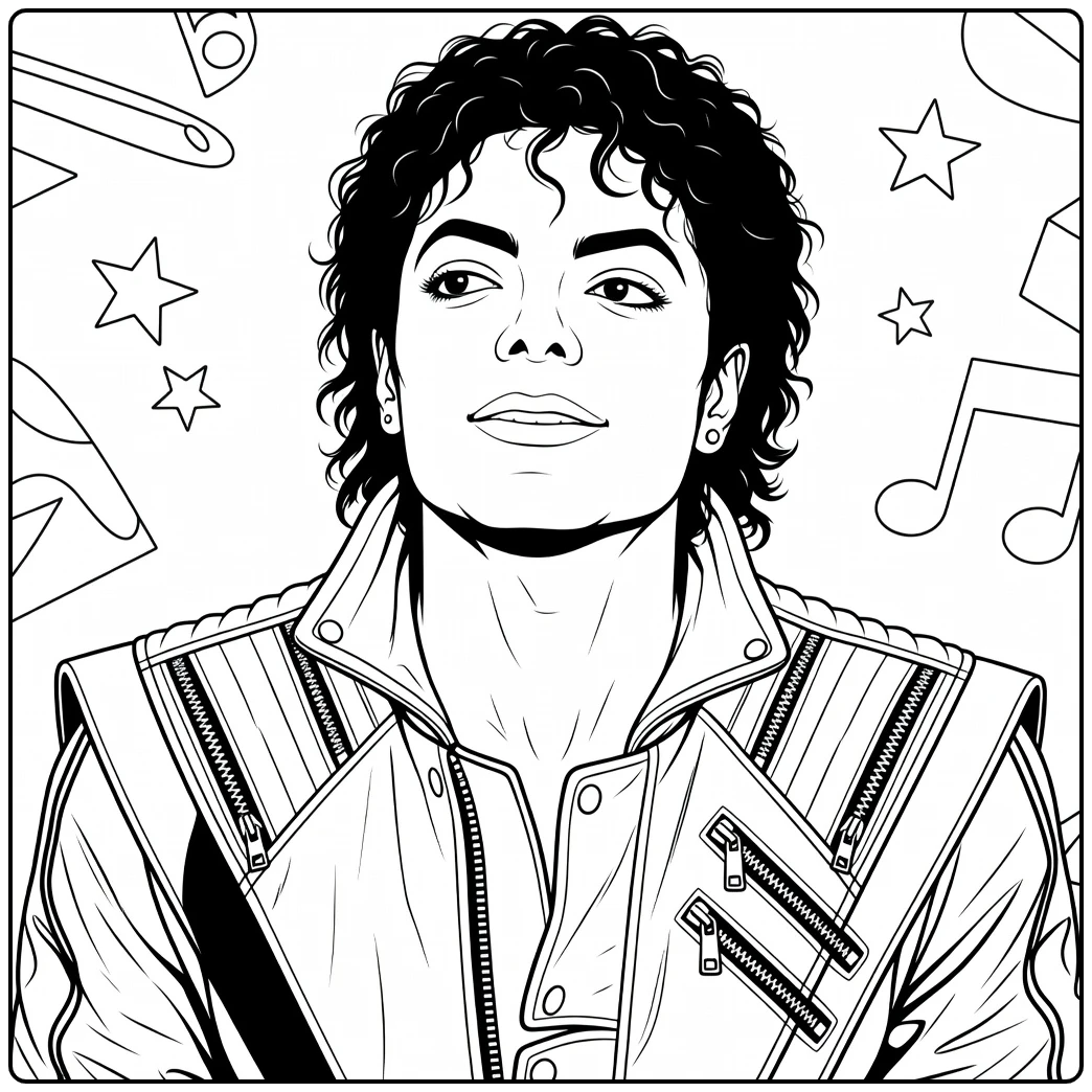 Gedetailleerde michael jackson kleurplaat van een man met krullend haar en leren jas met ritsen
