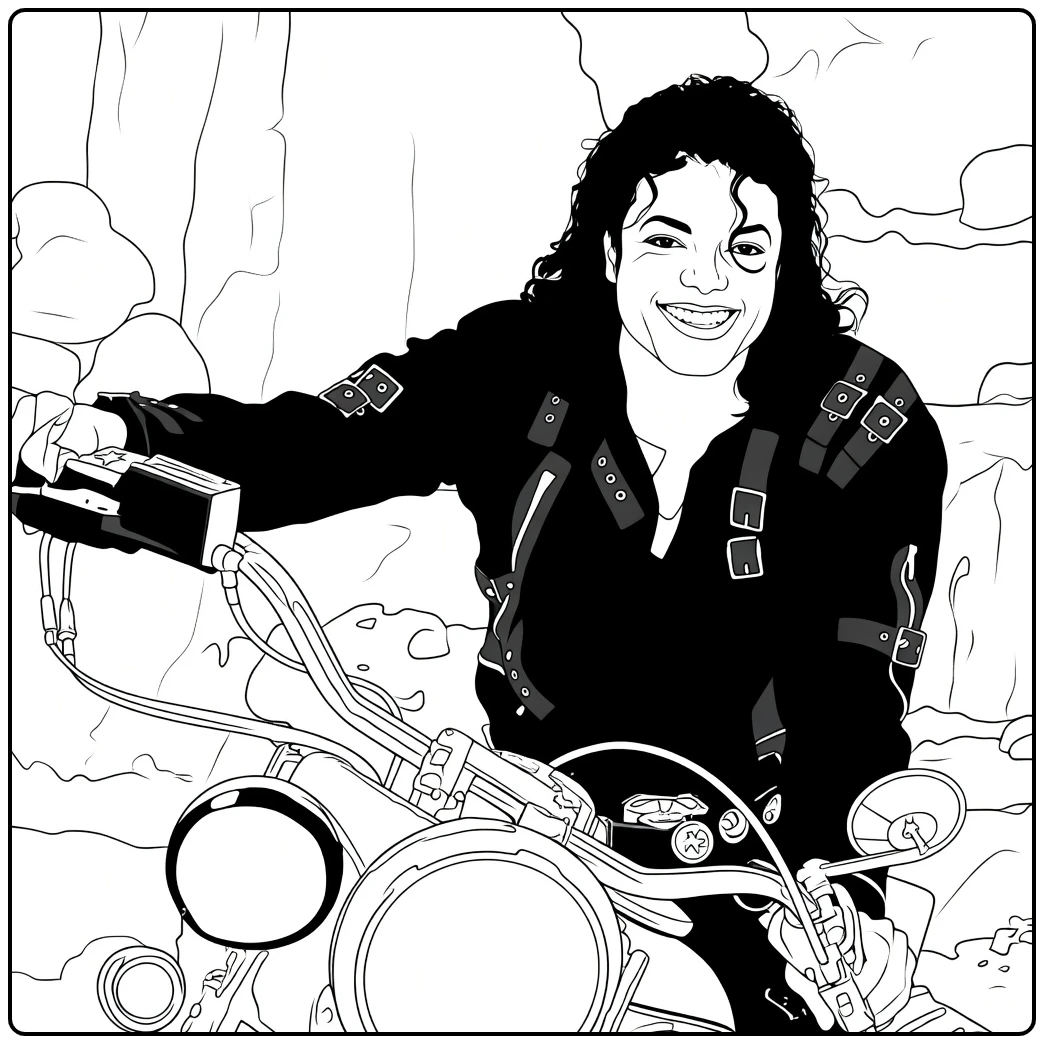 Michael Jackson met krullend haar en leren jas zittend op een motorfiets michael jackson kleurplaat
