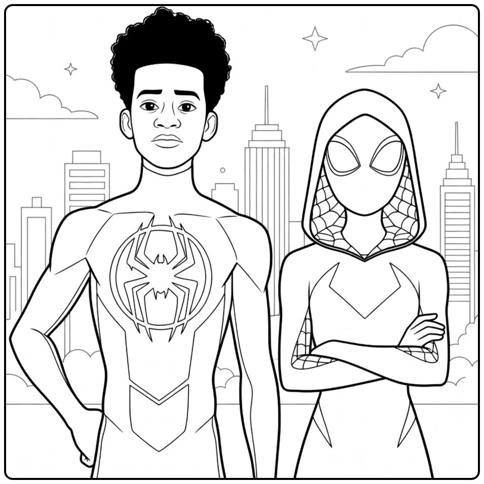 Spider Man Across the Spider Verse Kleurplaat met een jongen met krullend haar en een hooded figuur voor de skyline