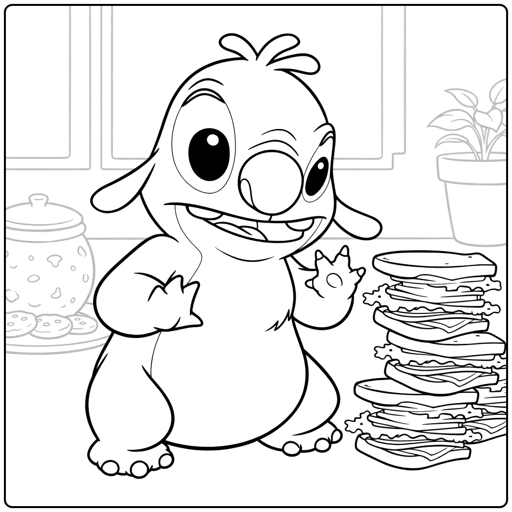 Reuben Kleurplaat van een mollig dier met open bek en poot geheven naast sandwiches