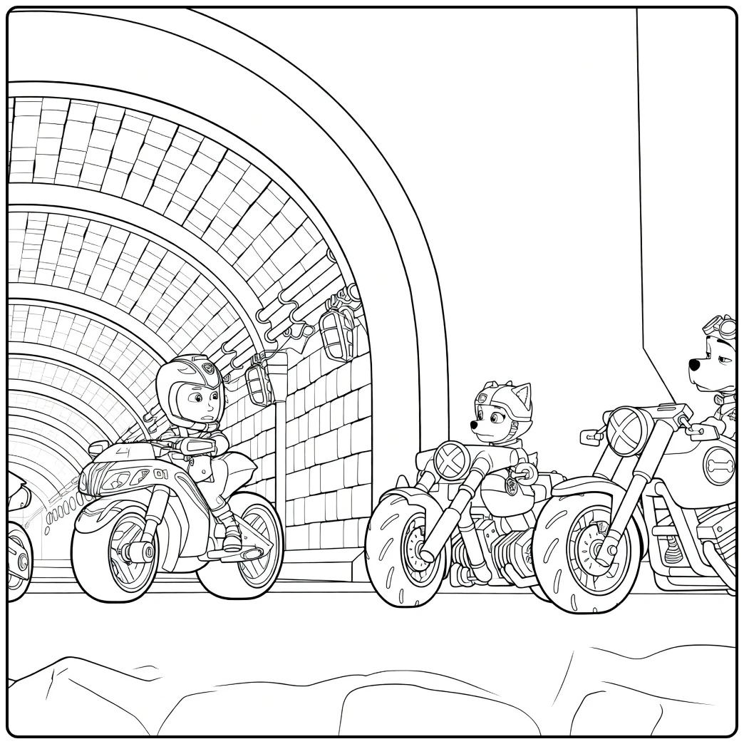 Paw Patrol Seizoen 7 Kleurplaat met drie motorrijders in een tunnel met stenen bogen