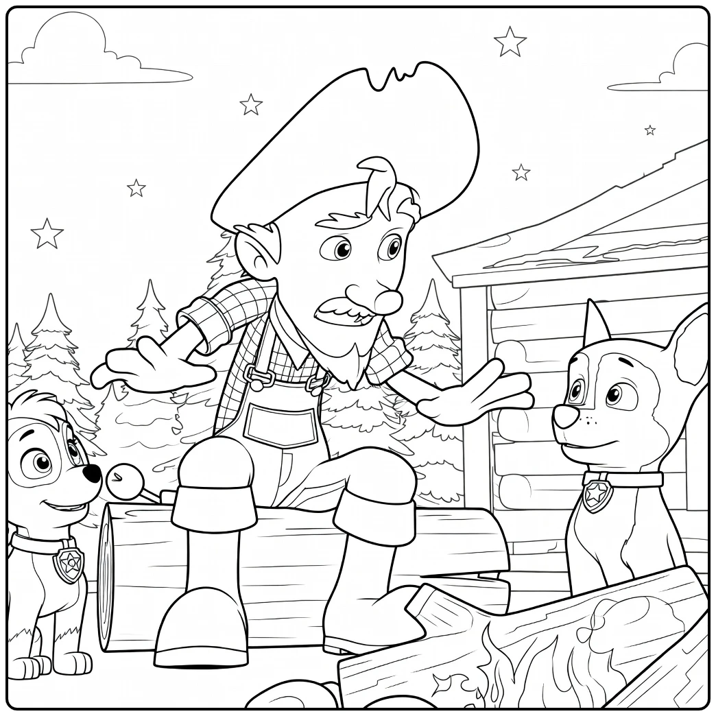 Oudere man met witte snor en twee honden rond een kampvuur Paw Patrol Seizoen 5 Kleurplaat
