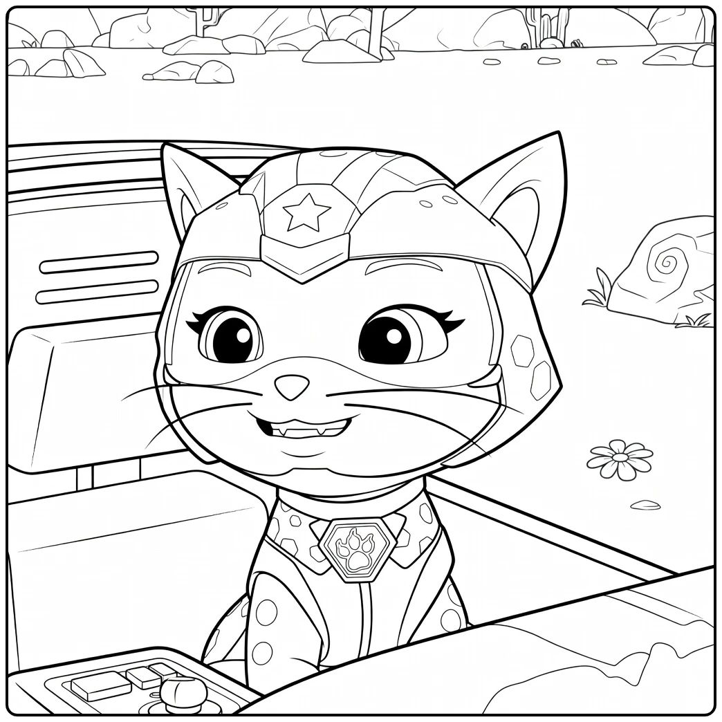 Paarse kat met helm en gevlekte pak zittend in voertuig met woestijn op de achtergrond shade paw patrol kleurplaat