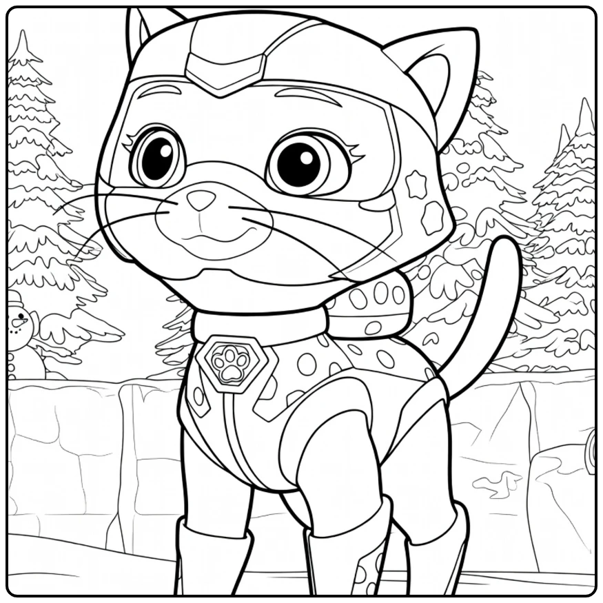 Kleurplaat van een paarse katachtige figuur met helm en pak staand in de sneeuw shade paw patrol kleurplaat