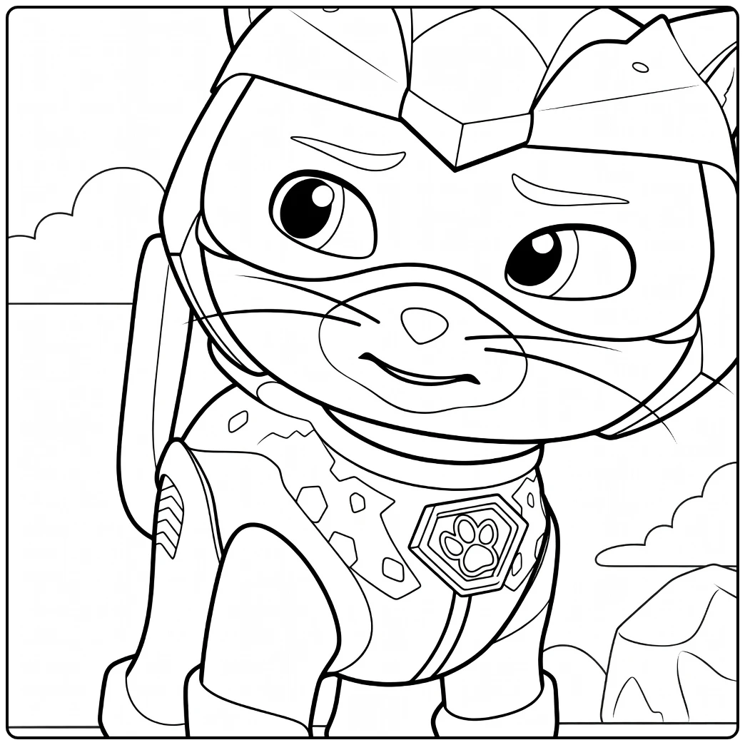 Paarse katachtige met vizierhelm en roze neus die glimlachend staat shade paw patrol kleurplaat