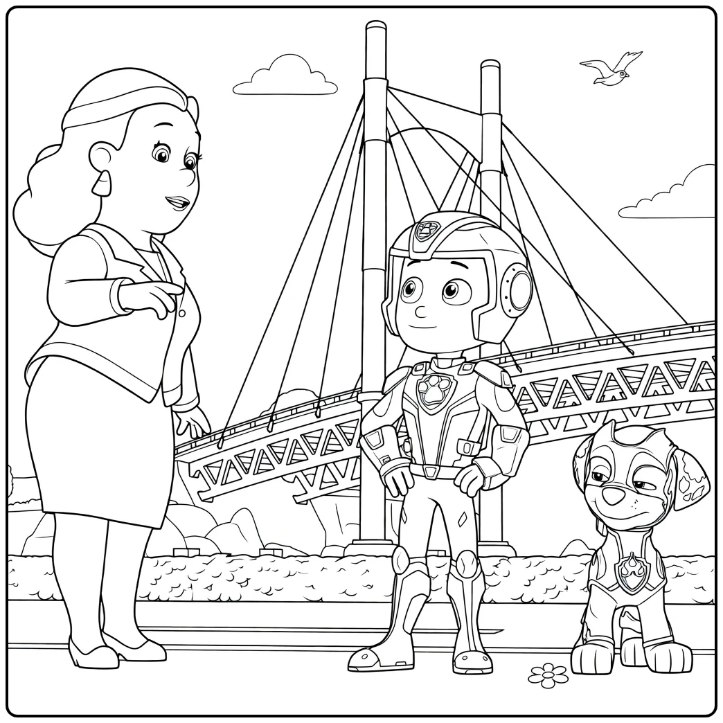 Paw Patrol Seizoen 6 Kleurplaat met een vrouw, jongen en hond voor een hangbrug