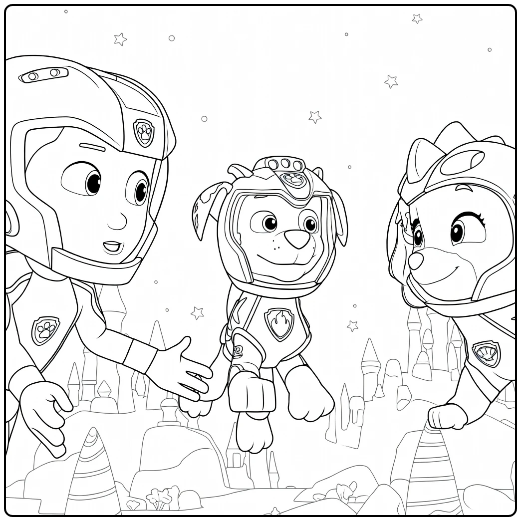 Paw Patrol Seizoen 9 Kleurplaat met een jongen en twee honden in helmen voor hoge torens