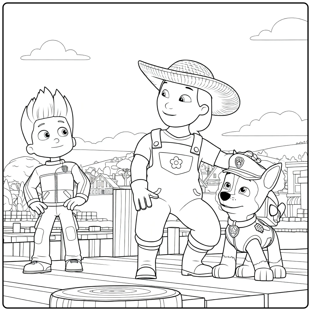 Paw Patrol Seizoen 4 Kleurplaat met een jongen handen in de zij, een meisje met hoed en een zittende hond
