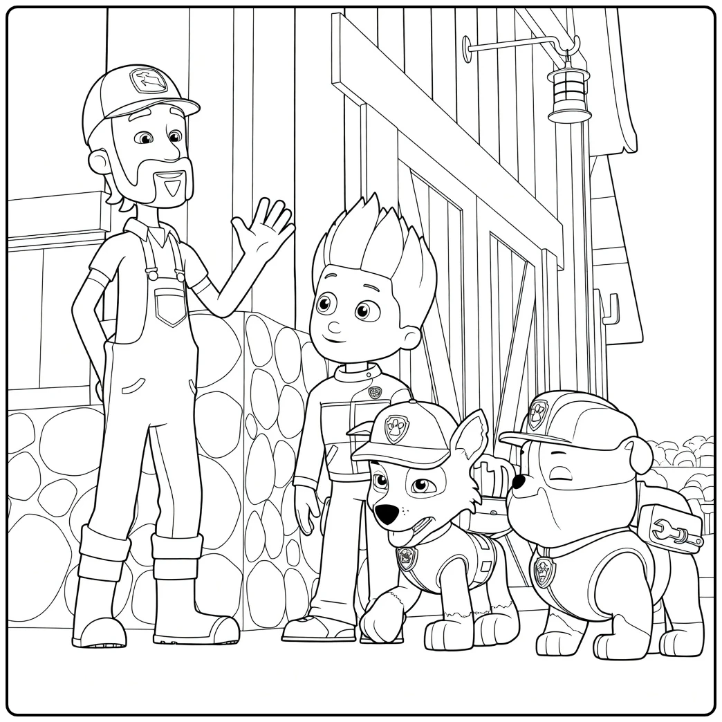 Paw Patrol Seizoen 3 kleurplaat met een bebaarde man, een jongen en twee honden in een rij
