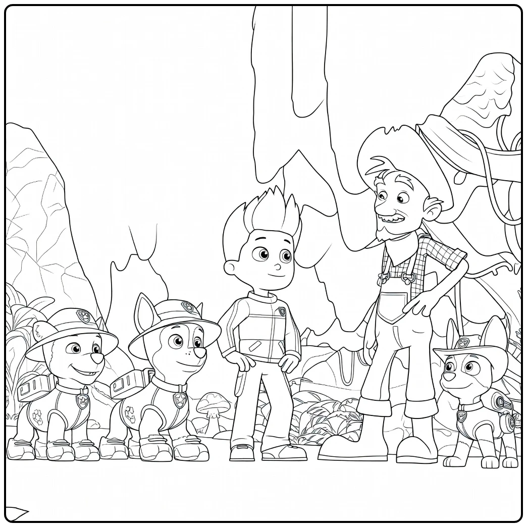 Paw Patrol Seizoen 8 Kleurplaat met vijf personages die samen staan tussen bomen en rotsen