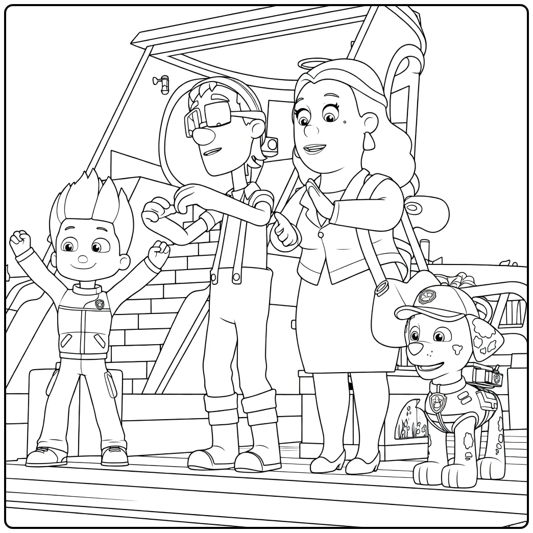 Paw Patrol Seizoen 2 kleurplaat met een jongen met opgeheven armen, man die een hart vormt, vrouw die klapt en een gevlekte hond