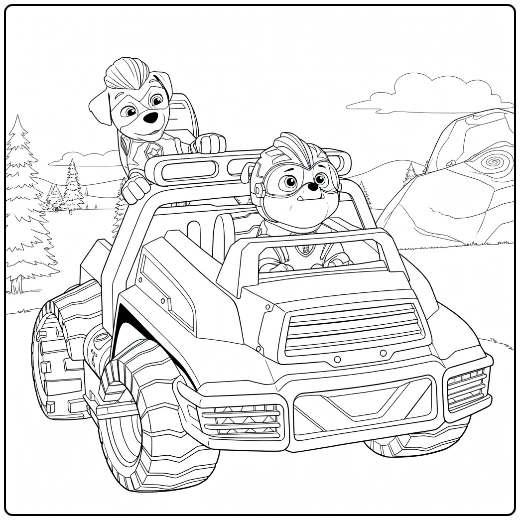 Twee maskerde honden in een geel voertuig op de Paw Patrol Seizoen 6 Kleurplaat