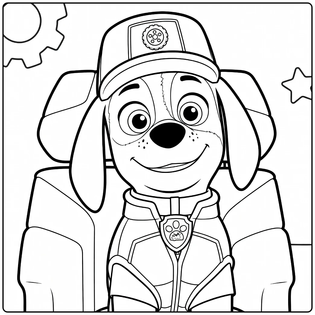 Anthropomorfe hond met lange oren en rode pet zittend in stoel al Paw patrol kleurplaat