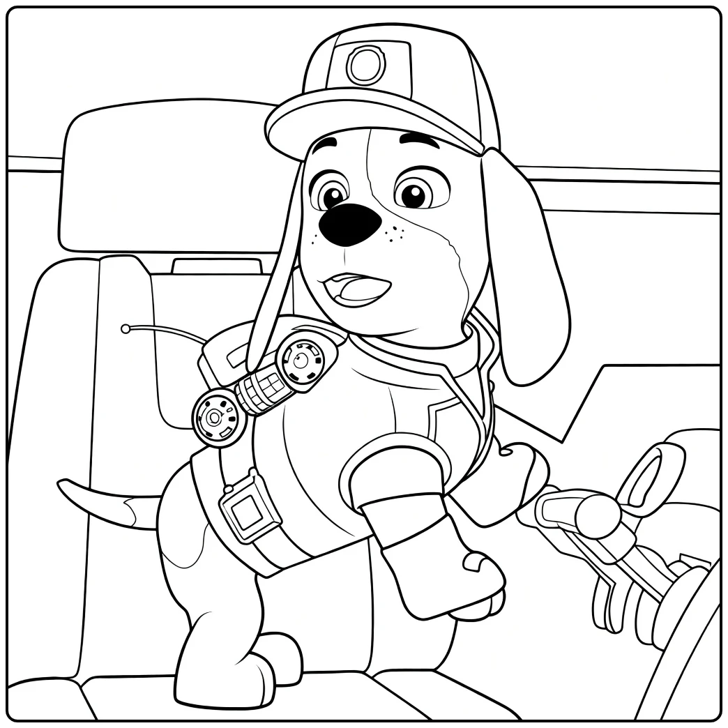 Lijntekening van een zittende antropomorfe hond met lange oren pak en helm al Paw patrol kleurplaat