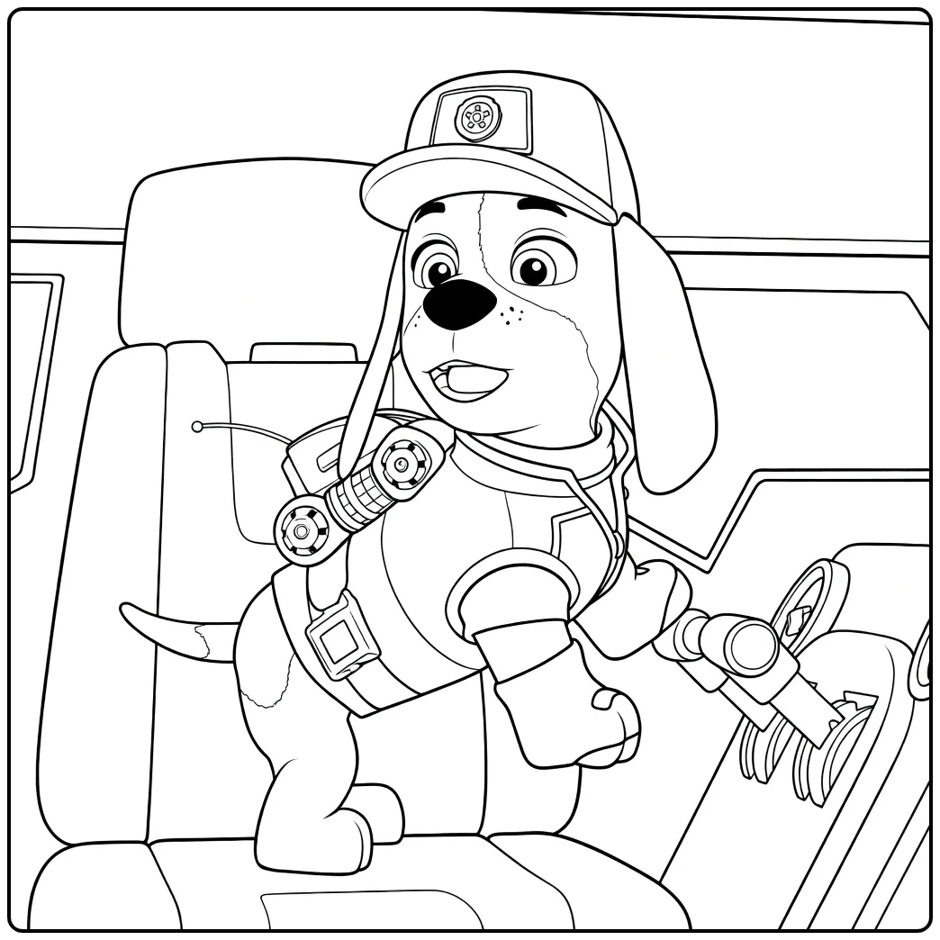 Staande hond met rode en witte pet en zilveren vest die een apparaat vasthoudt al paw patrol kleurplaat