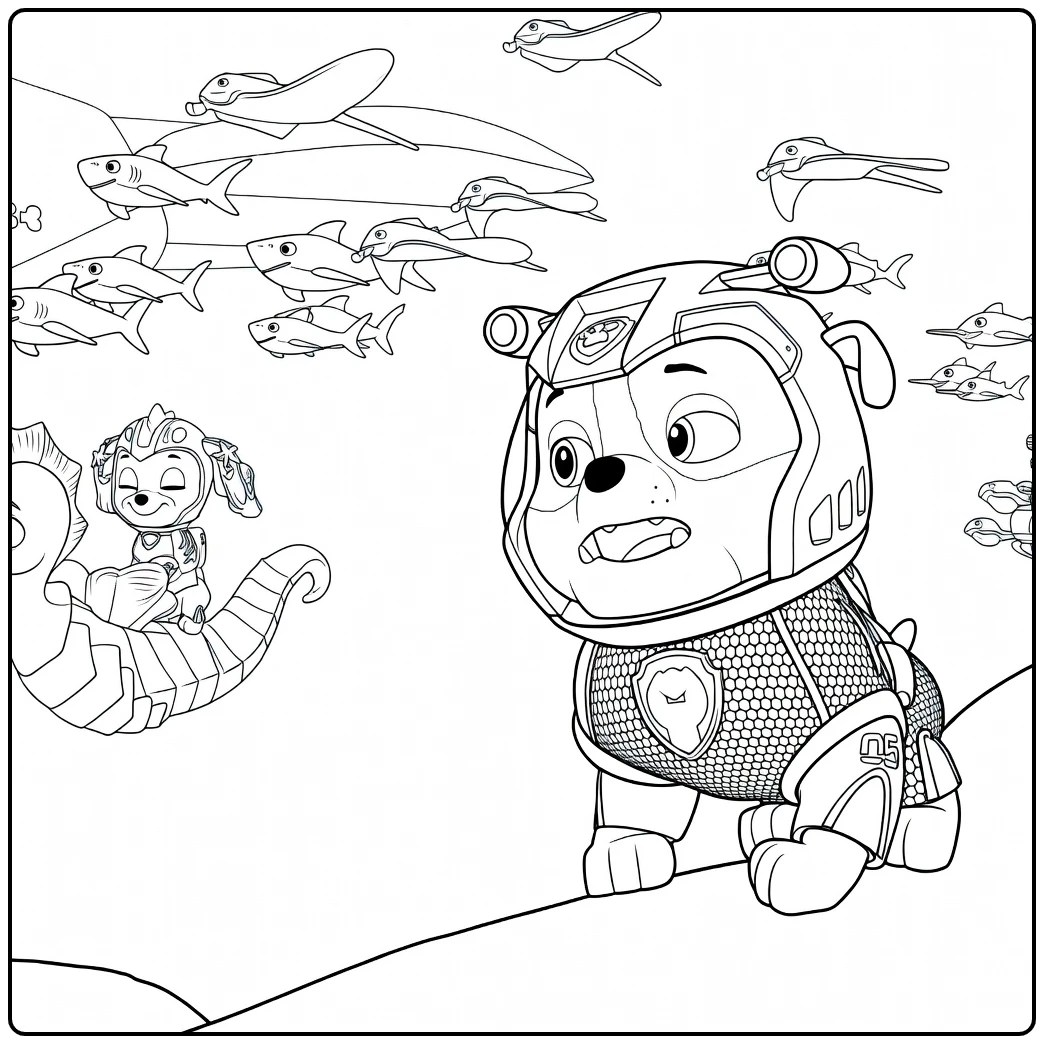 Paw Patrol Seizoen 9 Kleurplaat met twee honden onder water en een school vissen