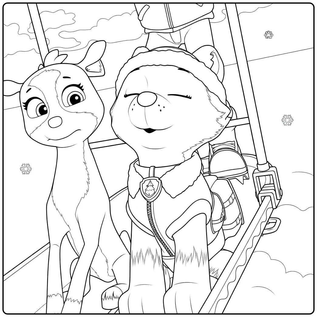 Twee honden zittend naast elkaar op een voertuig in Paw Patrol Seizoen 2 kleurplaat met een persoon erachter
