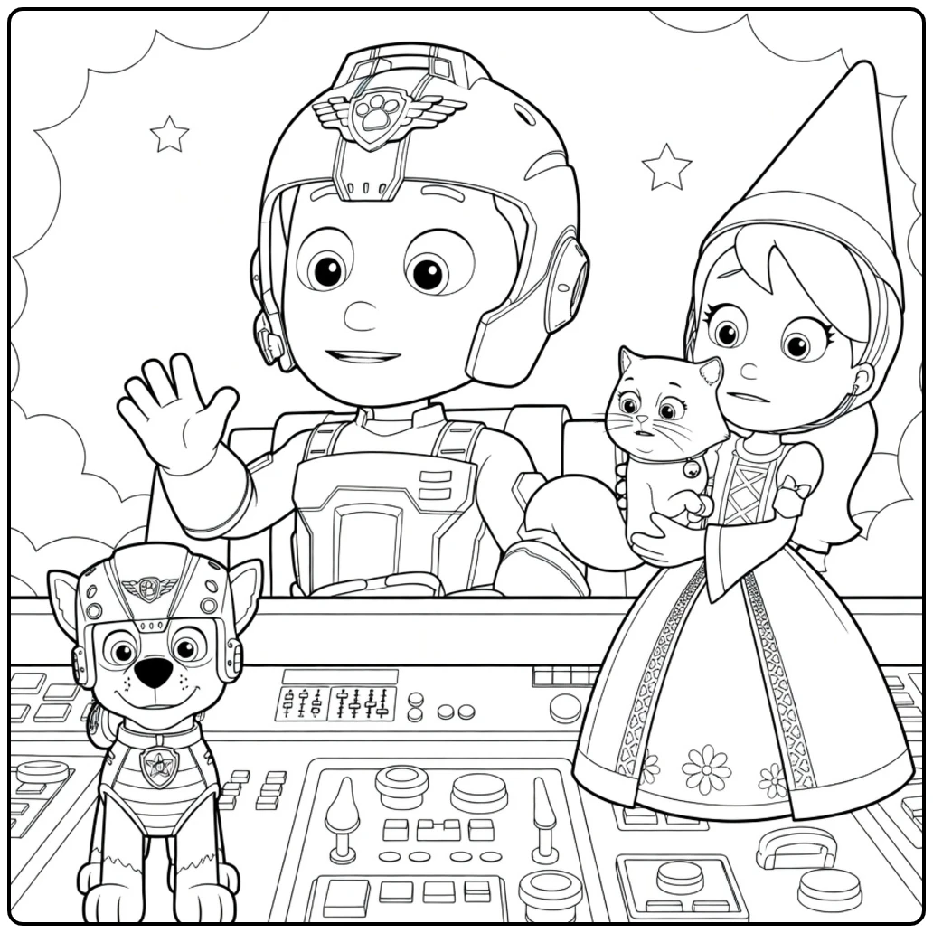 Paw Patrol Seizoen 11 Kleurplaat met een jongen aan de bediening, een hond en een meisje met kat in het voertuig