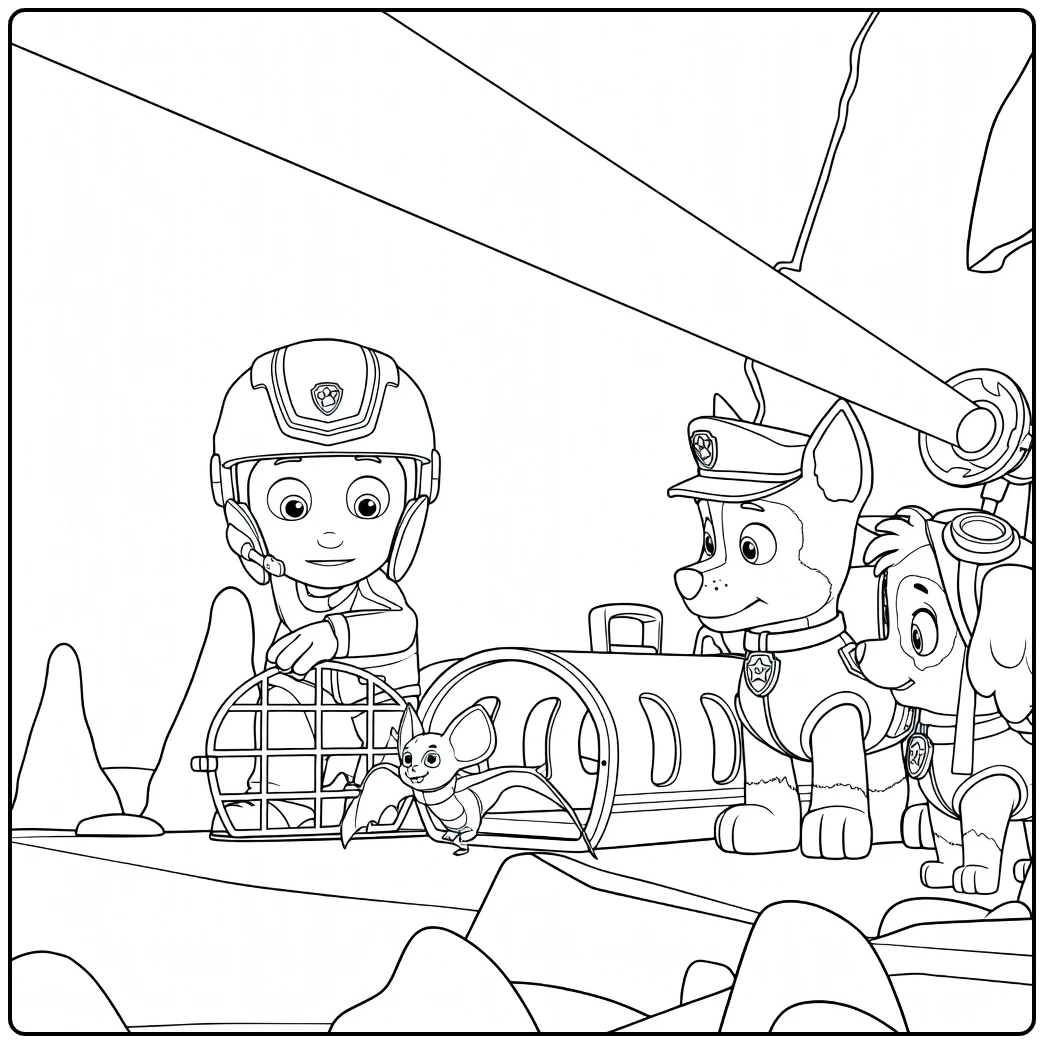 Jongen knielt met kooi terwijl twee honden een zaklamp richten en een vleermuis uit een buis komt in Paw Patrol Season 1 Kleurplaat