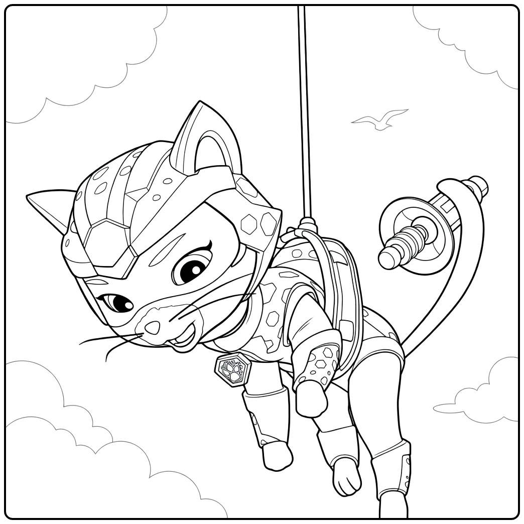 Antropomorfe kat hangend aan roze touw met paarse helm en pak shade paw patrol kleurplaat