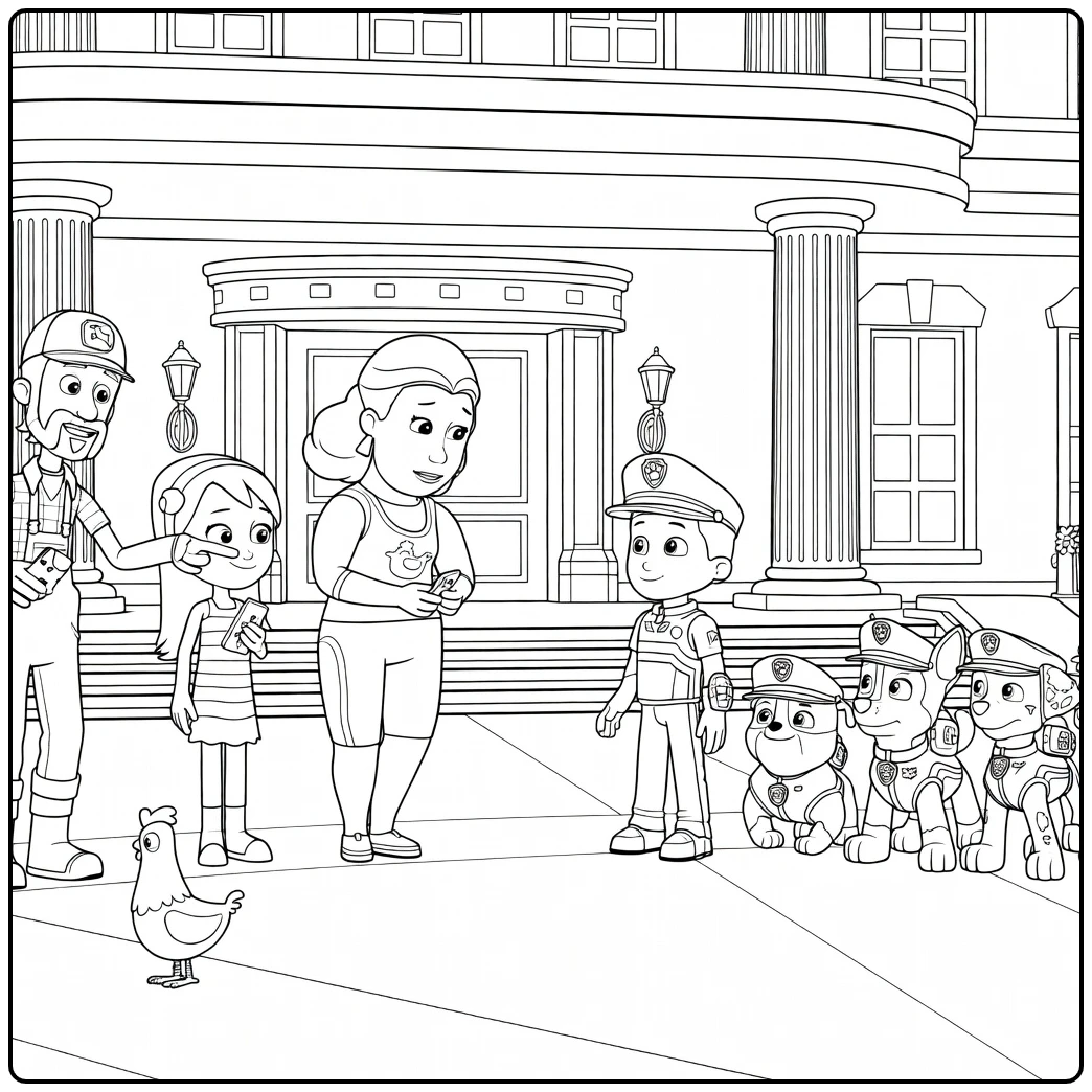 Paw Patrol Seizoen 12 Kleurplaat met een groep mensen en honden voor een stenen gebouw en een kip apart