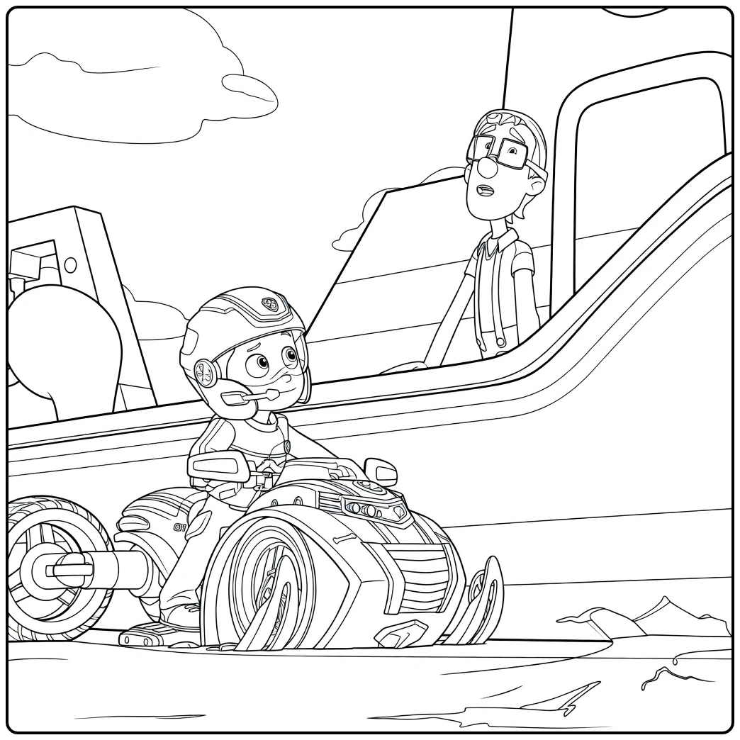 Kind op water voertuig kijkt omhoog en volwassene leunt vanaf schip in Paw Patrol Seizoen 7 Kleurplaat