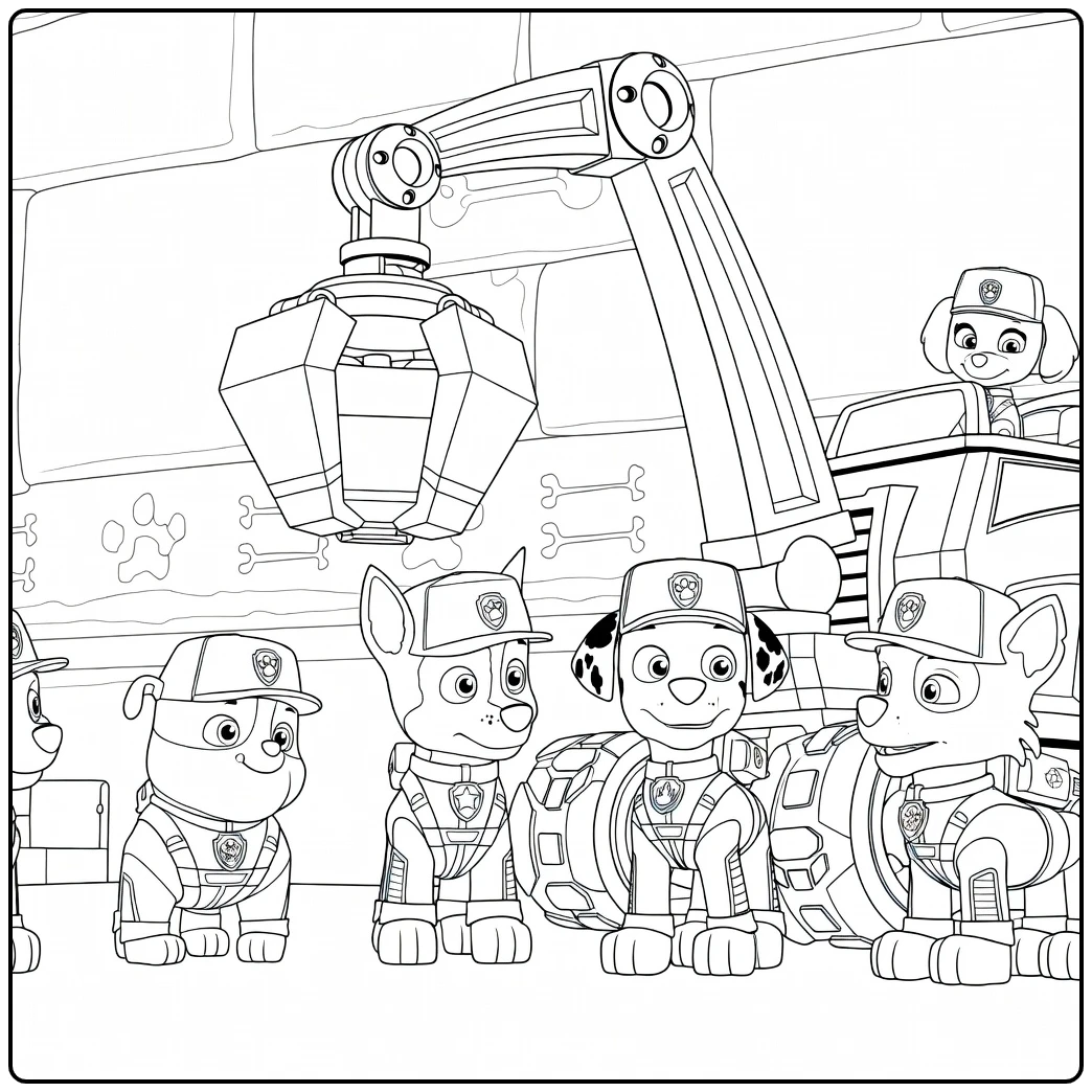 Paw Patrol Seizoen 5 Kleurplaat met honden in uniform en robotarm boven een voertuig
