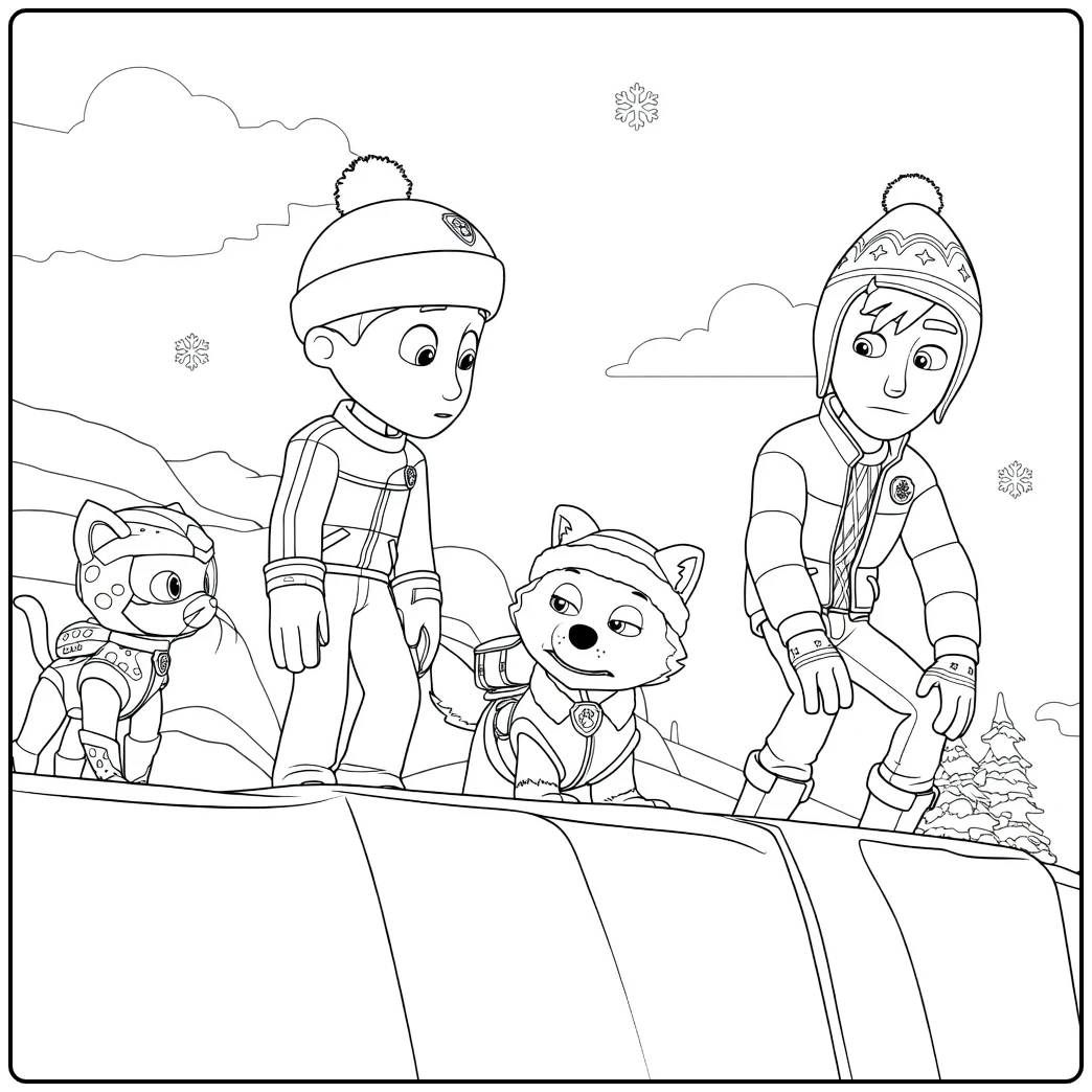 Paw Patrol Seizoen 9 Kleurplaat met vier figuren op een besneeuwde richel met rotsen en dennenbomen